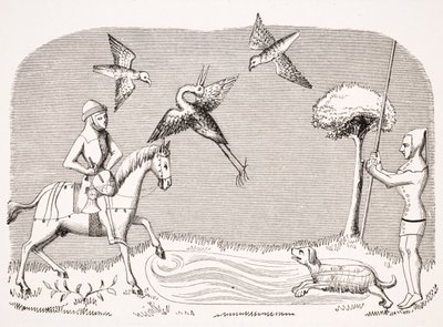 Reigerjacht, reproductie van een miniatuur in het 14e-eeuwse manuscript 